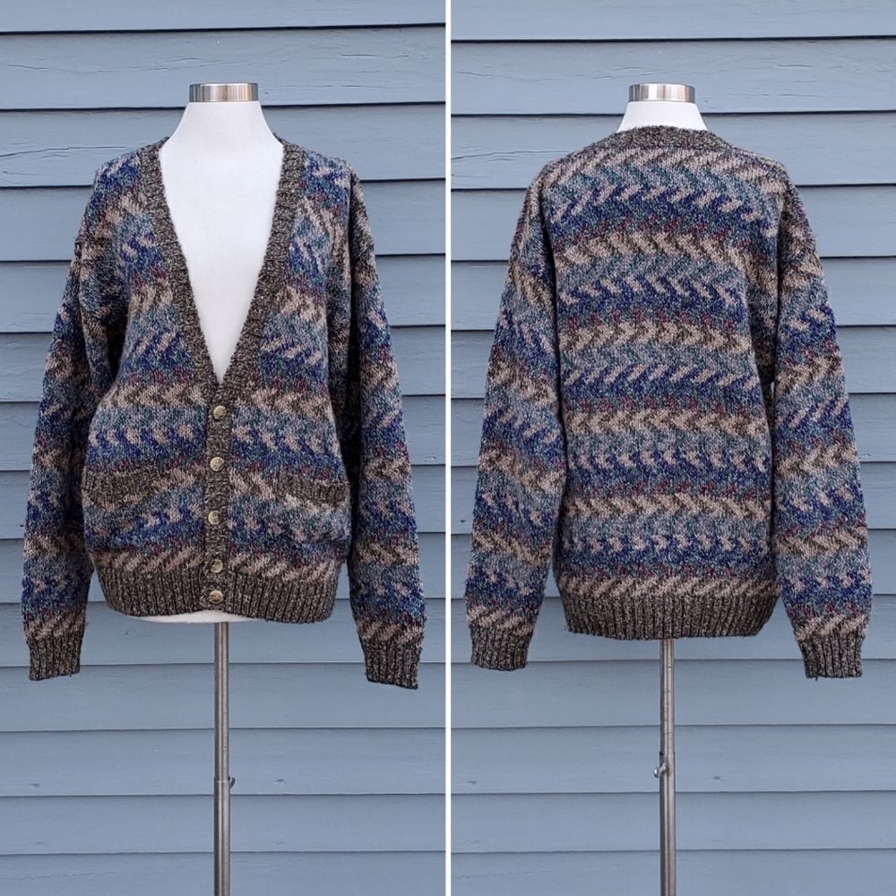 Vintage 90s y2k Zig Zag Woodsy Brown Blue Button Down V Neck Cardigan Sweater Lg